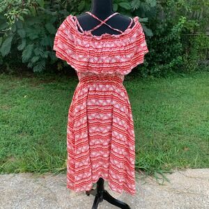 Boho Ruffle Midi Dress Sz XS S Off Shoulder Red White Summer Festival Party NWT
